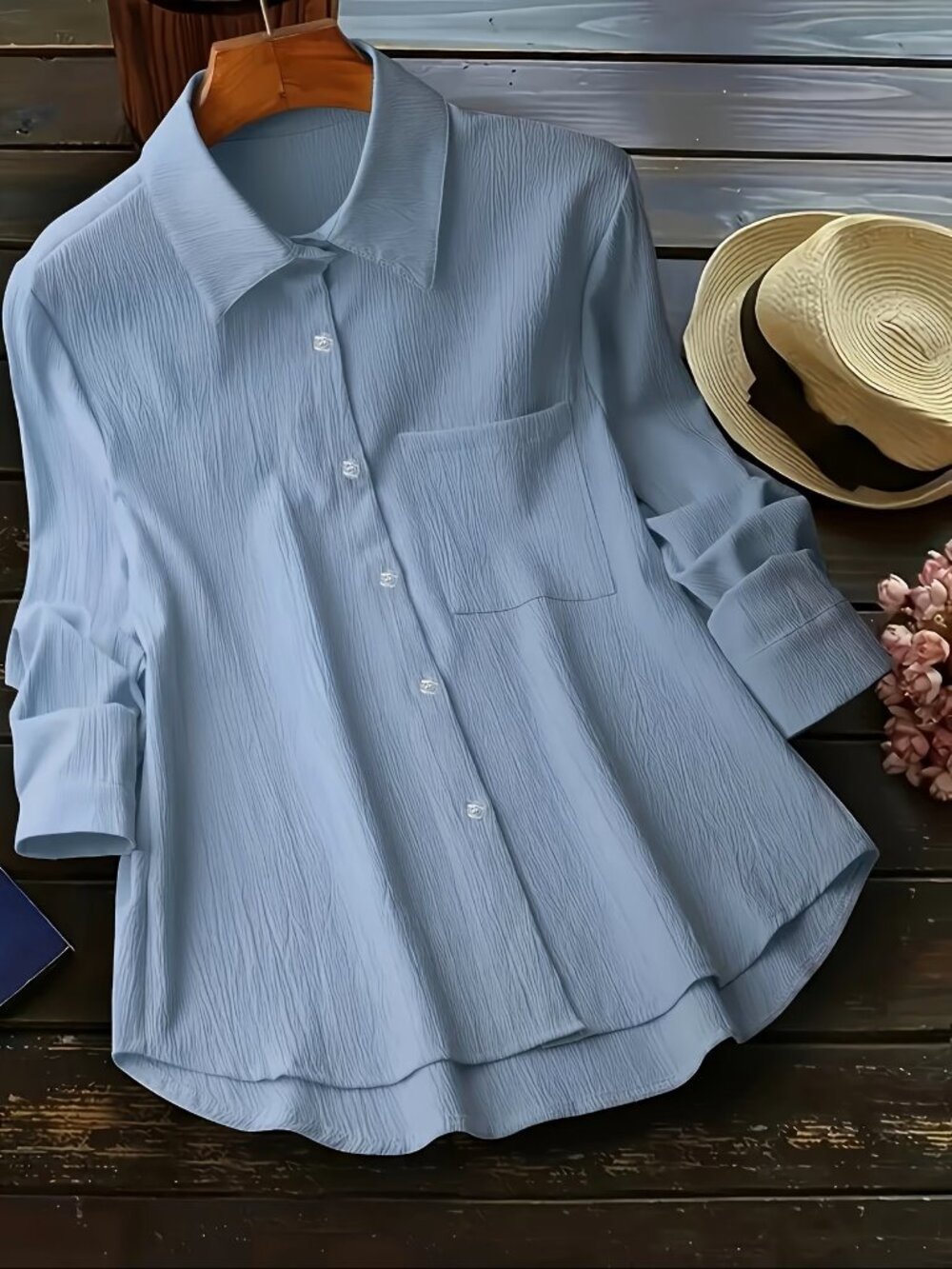 Button-Front Solid Color Shirt, Elegant Long Sleeve Simple Shirt for Women